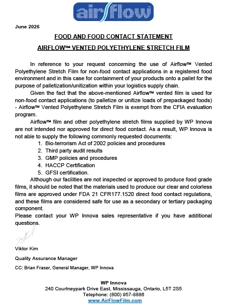 Airflow Food Contact Statement